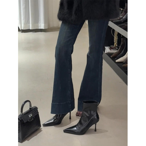 牛皮版!復古黑色尖頭細高跟瘦瘦彈力靴襪靴秋冬加絨性感女短靴 牛皮版!復古黑色尖頭細高跟瘦瘦彈力靴襪靴秋冬加絨性感女短靴