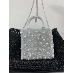 純手工PVC單肩斜背手提包24年新品鏈條珍珠點綴小方包