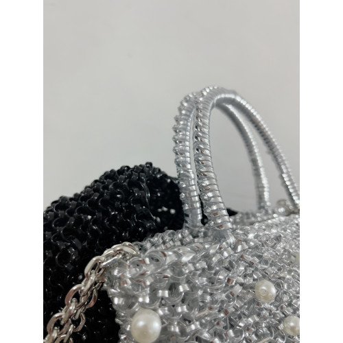 純手工PVC單肩斜背手提包24年新品鏈條珍珠點綴小方包 純手工PVC單肩斜背手提包24年新品鏈條珍珠點綴小方包