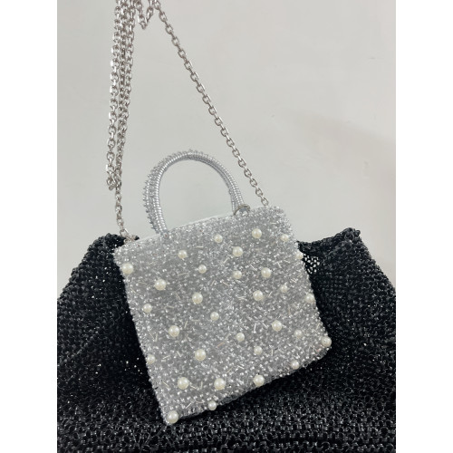 純手工PVC單肩斜背手提包24年新品鏈條珍珠點綴小方包 純手工PVC單肩斜背手提包24年新品鏈條珍珠點綴小方包