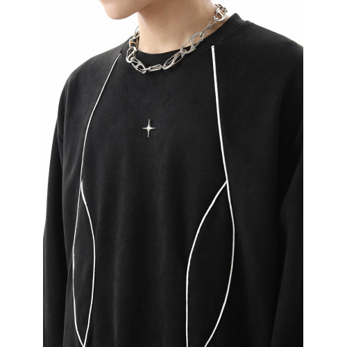 美式高街解搆反光條圓領衛衣男春秋潮牌復古麂皮絨寬鬆情侶套頭衫