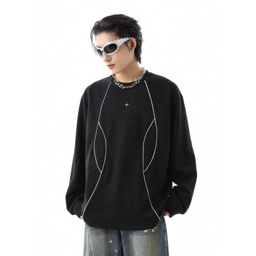 美式高街解搆反光條圓領衛衣男春秋潮牌復古麂皮絨寬鬆情侶套頭衫