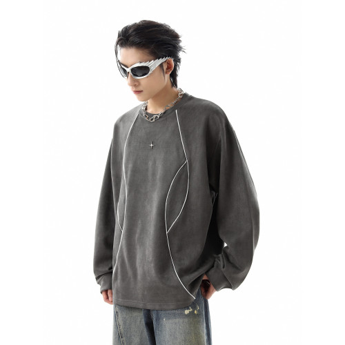 美式高街解搆反光條圓領衛衣男春秋潮牌復古麂皮絨寬鬆情侶套頭衫