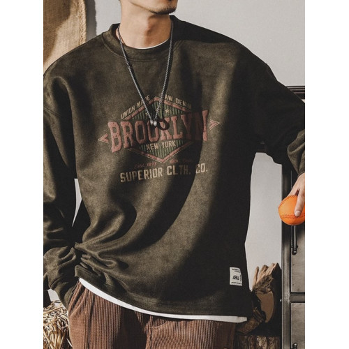 特大碼美式重磅復古衛衣男春秋款ins潮牌寬鬆麂皮絨做舊化垂感T恤