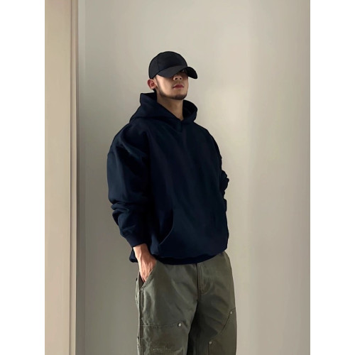 美式潮牌連帽衛衣男春秋季重磅帽衫小衆設計感藏青色加絨加厚上衣