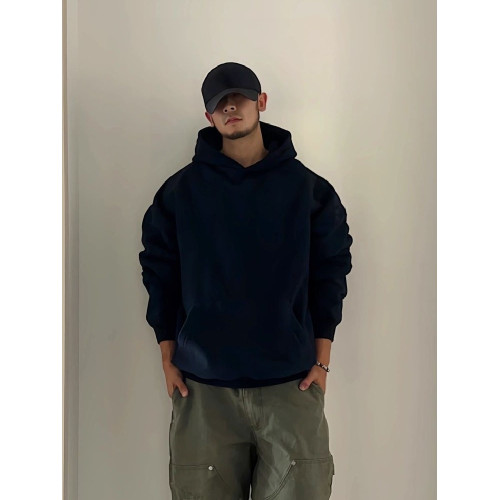 美式潮牌連帽衛衣男春秋季重磅帽衫小衆設計感藏青色加絨加厚上衣