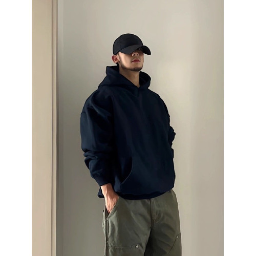 美式潮牌連帽衛衣男春秋季重磅帽衫小衆設計感藏青色加絨加厚上衣