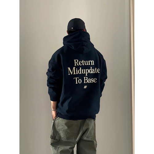 美式潮牌連帽衛衣男春秋季重磅帽衫小衆設計感藏青色加絨加厚上衣
