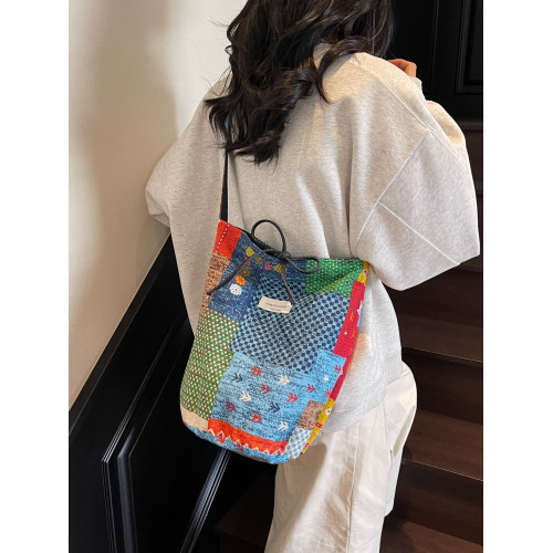 春夏新款ins拼色休閒單肩水桶包女韓版簡約百搭大容量雙面斜後後背包