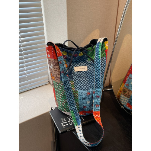 春夏新款ins拼色休閒單肩水桶包女韓版簡約百搭大容量雙面斜後後背包