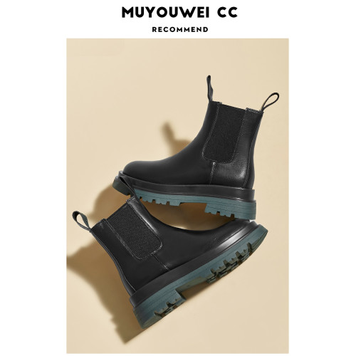 牛皮款~真皮菸筒靴女英倫防滑厚底中筒切爾西靴馬丁靴百搭短靴子