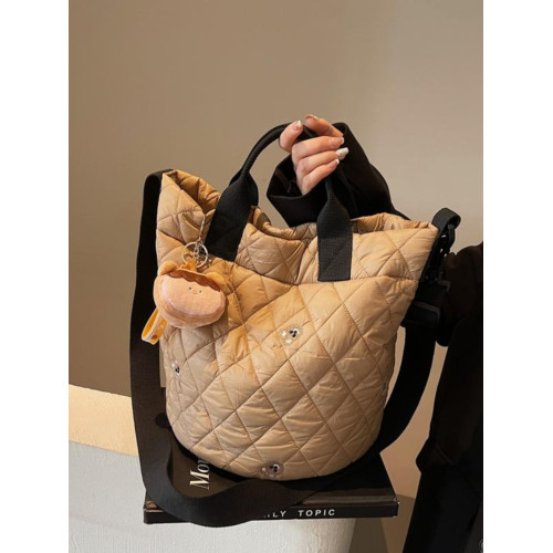 秋冬刺綉帆布包包女2025新款大容量菱格手提袋通勤單肩棉服托特包