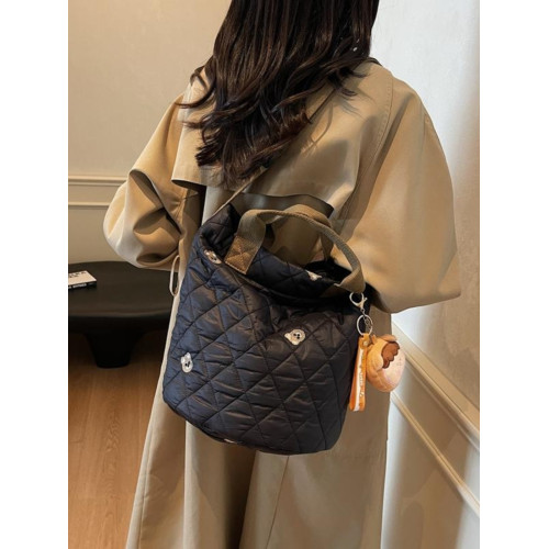 秋冬刺綉帆布包包女2025新款大容量菱格手提袋通勤單肩棉服托特包