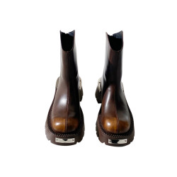 蓮花府邸2025冬季新品復古女靴做舊擦色牛皮短靴厚底粗跟切爾西靴