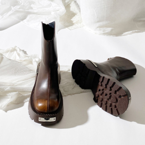 蓮花府邸2025冬季新品復古女靴做舊擦色牛皮短靴厚底粗跟切爾西靴 蓮花府邸2025冬季新品復古女靴做舊擦色牛皮短靴厚底粗跟切爾西靴