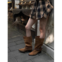 棕色復古西部牛仔靴女2026新款夏季尖頭粗跟騎士靴堆堆靴短筒靴子