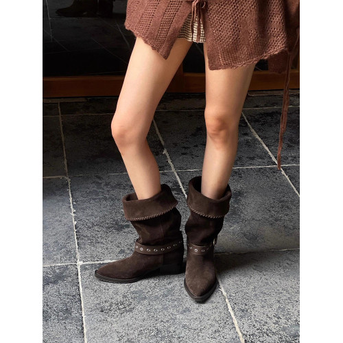 棕色復古西部牛仔靴女2026新款夏季尖頭粗跟騎士靴堆堆靴短筒靴子 棕色復古西部牛仔靴女2026新款夏季尖頭粗跟騎士靴堆堆靴短筒靴子