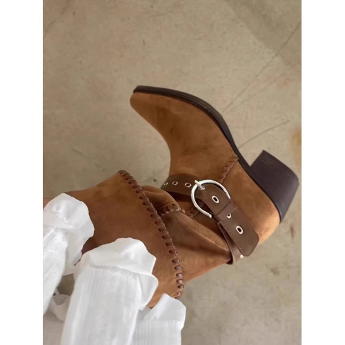 棕色復古西部牛仔靴女2026新款夏季尖頭粗跟騎士靴堆堆靴短筒靴子 棕色復古西部牛仔靴女2026新款夏季尖頭粗跟騎士靴堆堆靴短筒靴子