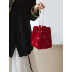 小銀可可【琴瑟】新中式復古紅絲絨珍珠流蘇婚包手提單肩水桶包