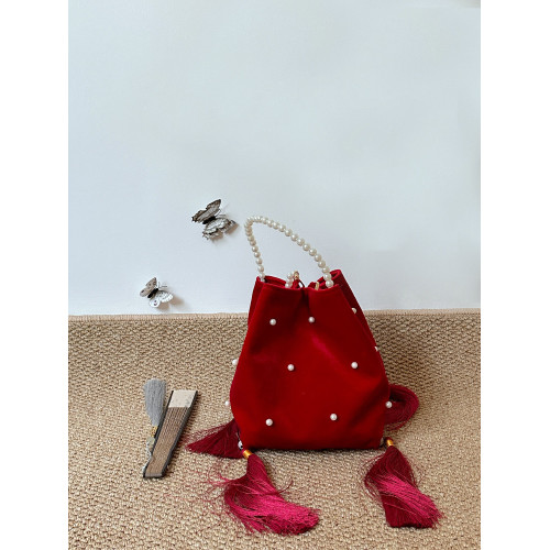 小銀可可【琴瑟】新中式復古紅絲絨珍珠流蘇婚包手提單肩水桶包