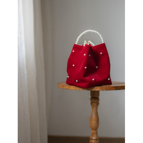 小銀可可【琴瑟】新中式復古紅絲絨珍珠流蘇婚包手提單肩水桶包