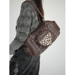 uustudio小衆原創設計秋冬復古亞比哥特風辣妹鉚釘愛心豹紋腋下包