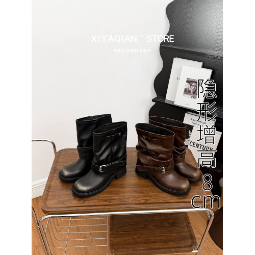 真皮辣妹廢土風短筒內增高靴子女款秋季褶皺堆堆靴寬筒短靴褲琯靴