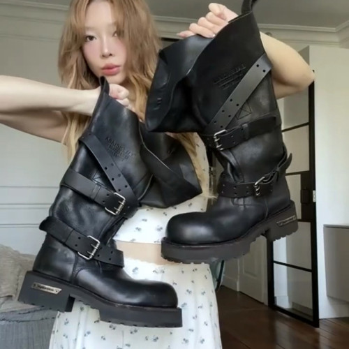 牛皮版~男女款巴黎毒液馬丁靴暗黑翹頭騎士靴復古高筒大頭工裝靴