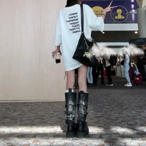 牛皮版~男女款巴黎毒液馬丁靴暗黑翹頭騎士靴復古高筒大頭工裝靴