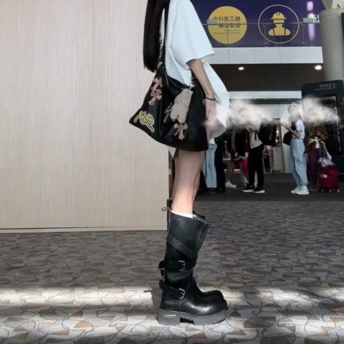 牛皮版~男女款巴黎毒液馬丁靴暗黑翹頭騎士靴復古高筒大頭工裝靴