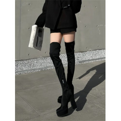 超高跟黑色長筒靴女2026新款過膝靴小個子防水台粗跟彈力靴瘦瘦靴