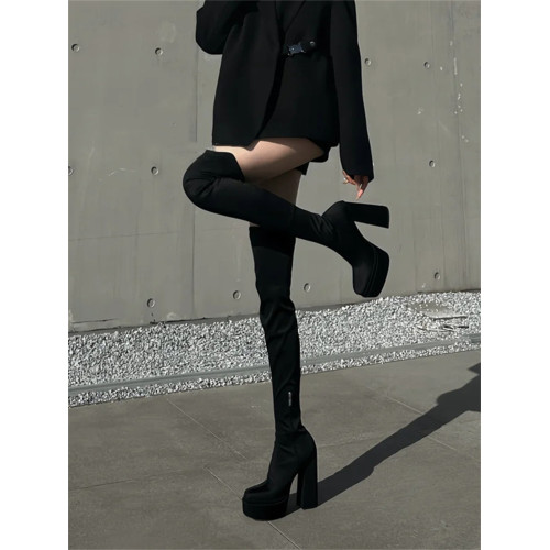 超高跟黑色長筒靴女2026新款過膝靴小個子防水台粗跟彈力靴瘦瘦靴