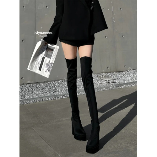 超高跟黑色長筒靴女2026新款過膝靴小個子防水台粗跟彈力靴瘦瘦靴