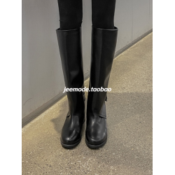 小池在首爾2025秋季新款高筒純色寬鬆皮帶圓頭中跟歐美風時尚女靴