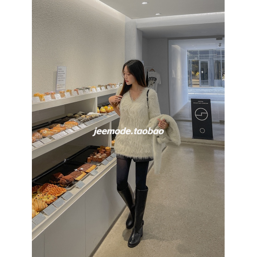 小池在首爾2025秋季新款高筒純色寬鬆皮帶圓頭中跟歐美風時尚女靴