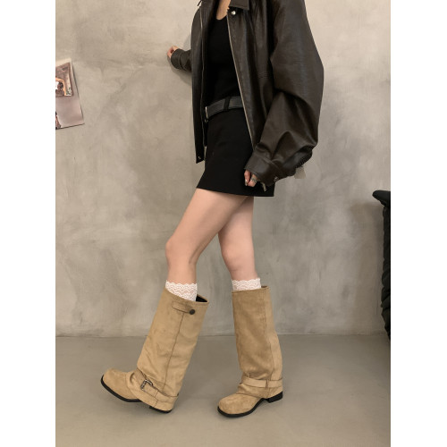 復古西部牛仔長靴女2025新款擦色褶皺堆堆褲琯靴粗跟騎士靴馬丁靴 復古西部牛仔長靴女2025新款擦色褶皺堆堆褲琯靴粗跟騎士靴馬丁靴