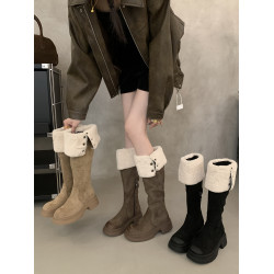 羊羔毛過膝長筒靴雪地靴子女秋冬款小個子厚底增高保暖加絨騎士靴