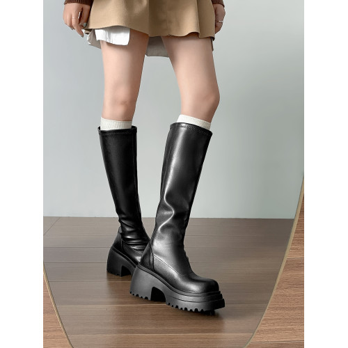 黑色復古粗跟厚底靴子女長筒靴2026新款秋冬配裙子顯瘦增高騎士靴 黑色復古粗跟厚底靴子女長筒靴2026新款秋冬配裙子顯瘦增高騎士靴