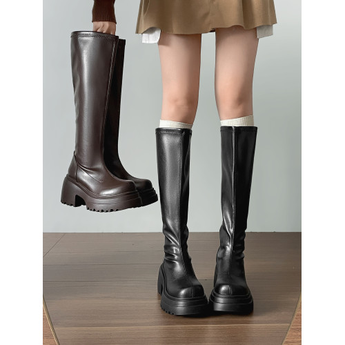 黑色復古粗跟厚底靴子女長筒靴2026新款秋冬配裙子顯瘦增高騎士靴 黑色復古粗跟厚底靴子女長筒靴2026新款秋冬配裙子顯瘦增高騎士靴