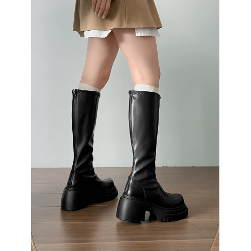 黑色復古粗跟厚底靴子女長筒靴2026新款秋冬配裙子顯瘦增高騎士靴 黑色復古粗跟厚底靴子女長筒靴2026新款秋冬配裙子顯瘦增高騎士靴