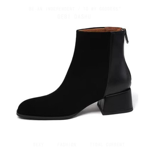 真皮粗跟小短靴女2026新款復古切爾西靴絨面後拉鍊拼接小香風單靴