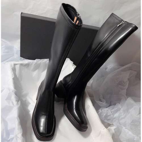 復古粗跟靴子女不過膝長筒靴2026秋季新款高筒V口側拉鍊顯瘦長靴