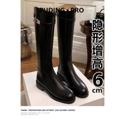真皮粗跟內增高高筒騎士靴女2026新款秋冬季小個子不過膝鎖釦長靴