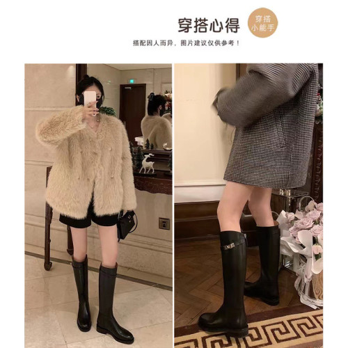 真皮粗跟內增高高筒騎士靴女2026新款秋冬季小個子不過膝鎖釦長靴