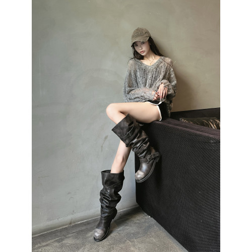 小衆設計大筒圍過膝長靴女2026春夏新款褶皺堆堆靴圓頭高筒騎士靴