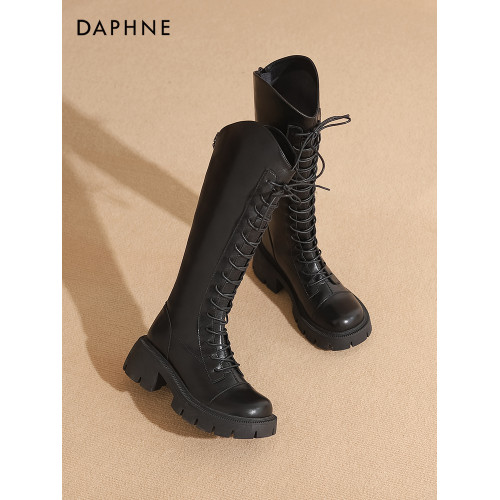 達芙妮馬丁靴女長筒靴2026新款秋冬v口系帶騎士靴厚底高筒瘦瘦靴