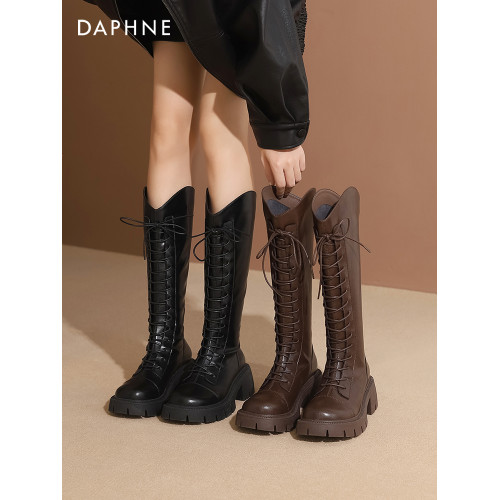 達芙妮馬丁靴女長筒靴2026新款秋冬v口系帶騎士靴厚底高筒瘦瘦靴