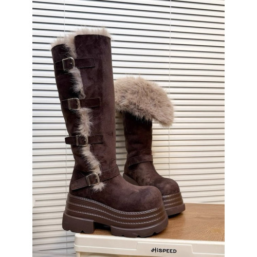 高筒毛毛雪地靴女2026秋季新款復古時尚百搭皮帶釦厚絨保暖棉靴子