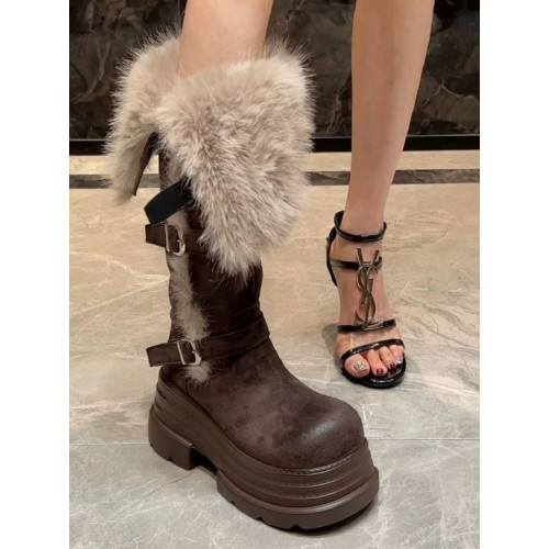 高筒毛毛雪地靴女2026秋季新款復古時尚百搭皮帶釦厚絨保暖棉靴子