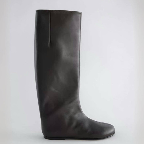 羊皮版~韓版圓頭真皮平底長靴百搭騎士靴秋冬簡約寬筒高筒靴長靴